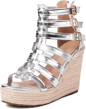 Women's Espadrilles Platform Wedge Sandals 4 Inch Adjustable Strappy with Back Zipper Open Toe Summer Vacation Dressy Wedge Heels