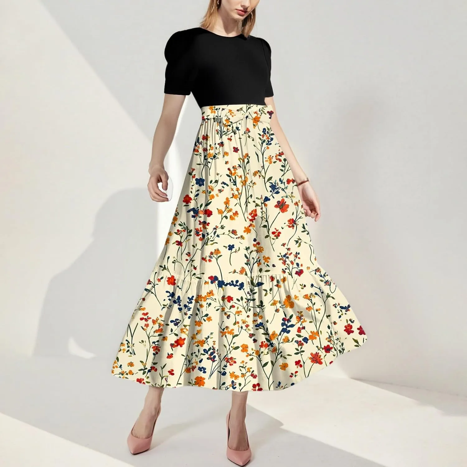 Women's Fashion Casual Belt Short Sleeve Round Neck Stitching Elegant Temperament Print Vacation Corset Long Dresses