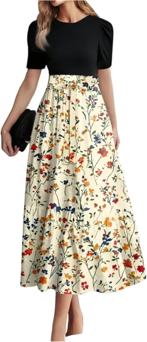 Women's Fashion Casual Belt Short Sleeve Round Neck Stitching Elegant Temperament Print Vacation Corset Long Dresses