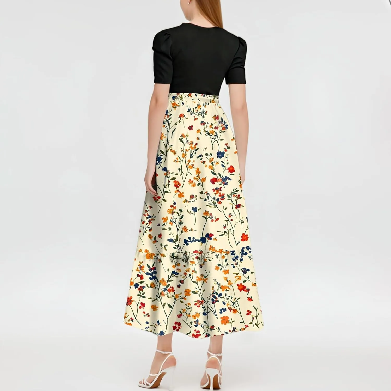 Women's Fashion Casual Belt Short Sleeve Round Neck Stitching Elegant Temperament Print Vacation Corset Long Dresses