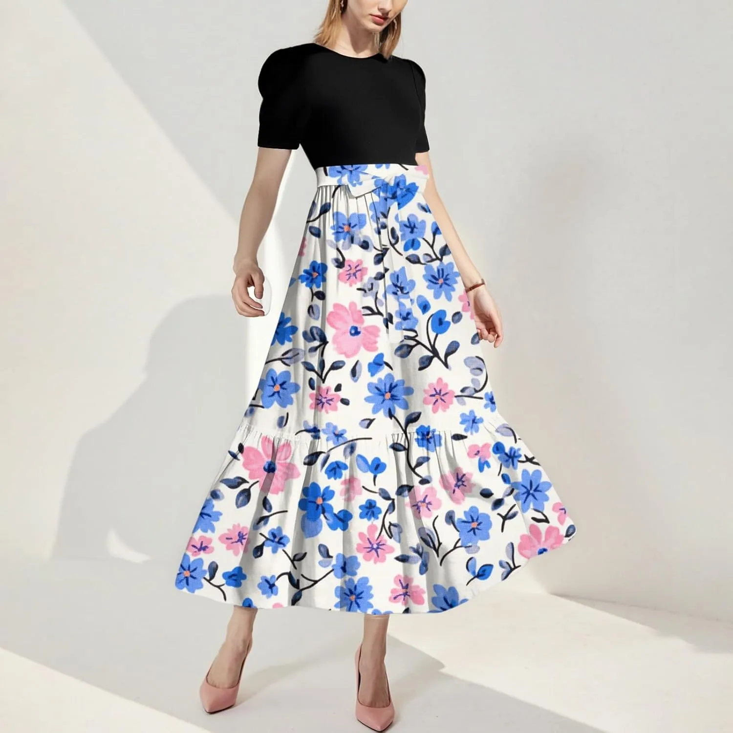Women's Fashion Casual Belt Short Sleeve Round Neck Stitching Elegant Temperament Vacation Corset Long Dresses