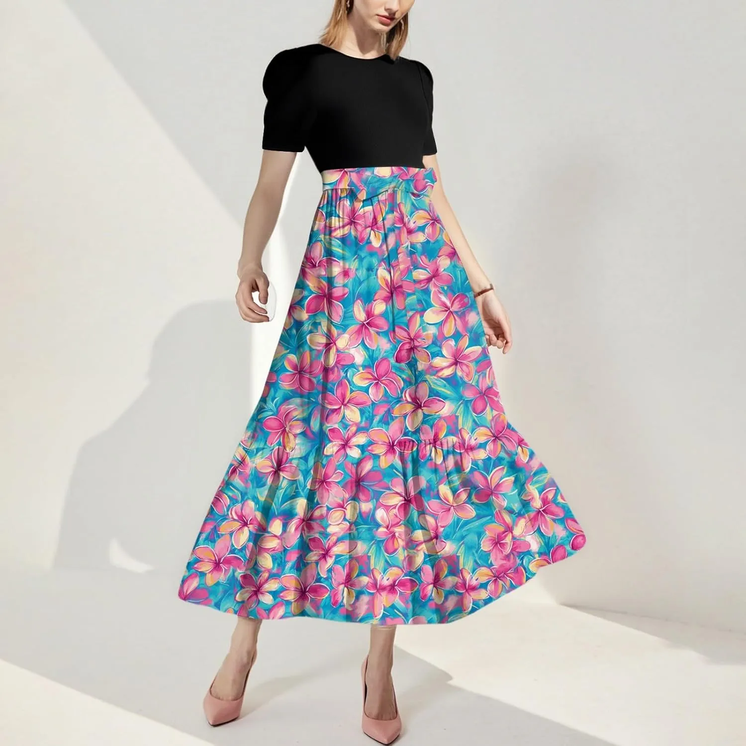 Women's Fashion Casual Belt Short Sleeve Round Neck Stitching Elegant Temperament Vacation Corset Long Dresses