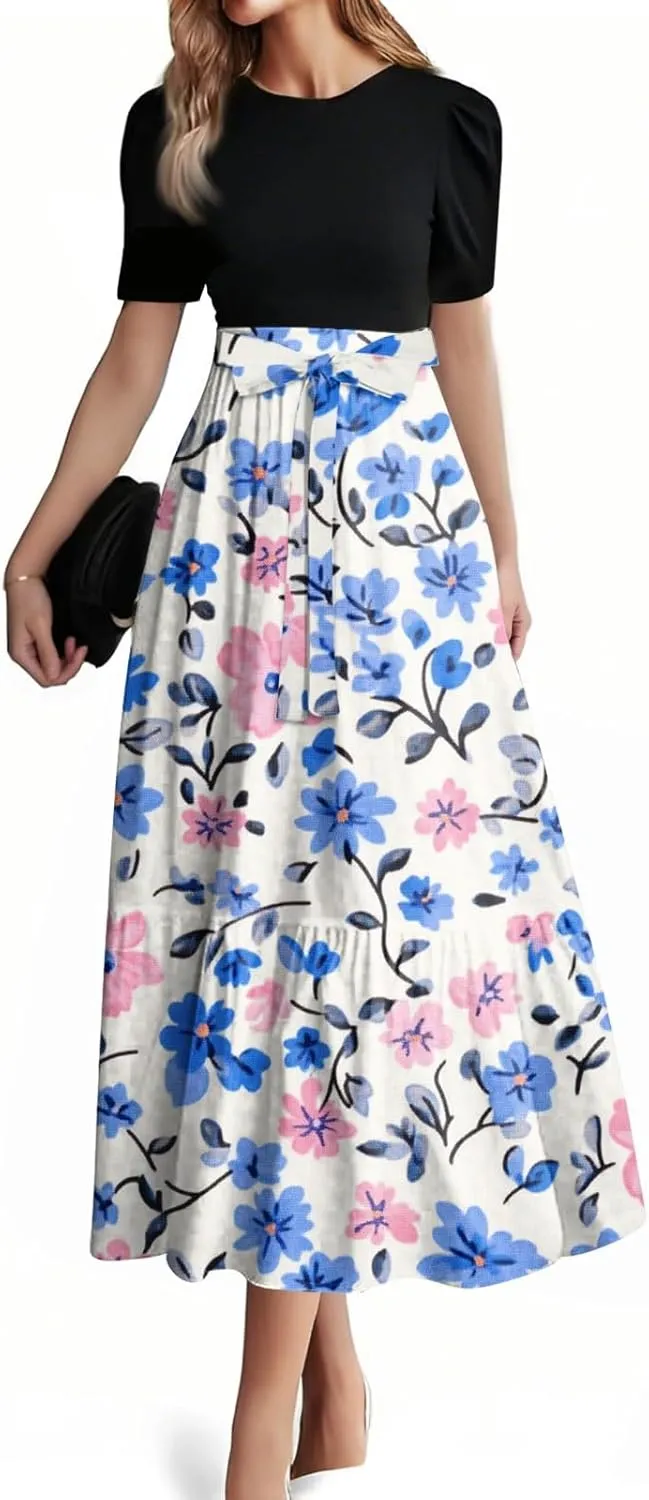 Women's Fashion Casual Belt Short Sleeve Round Neck Stitching Elegant Temperament Vacation Corset Long Dresses