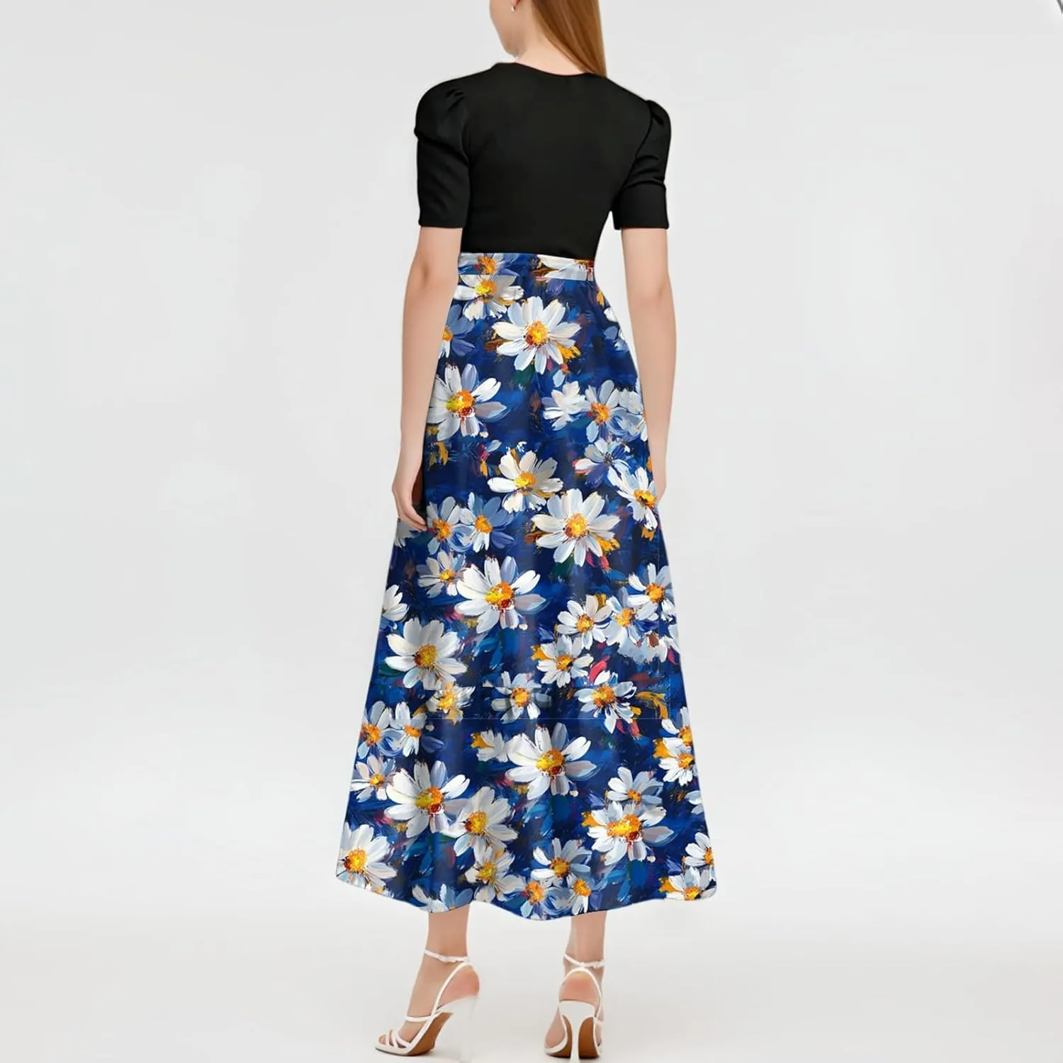Women's Fashion Casual Belt Short Sleeve Round Neck Stitching Elegant Temperament Vacation Corset Long Dresses