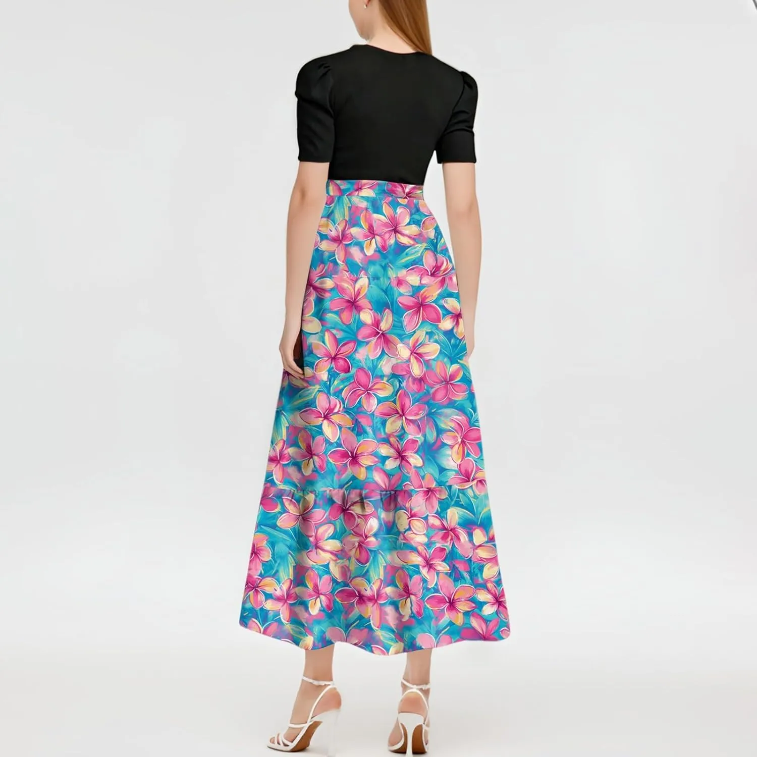 Women's Fashion Casual Belt Short Sleeve Round Neck Stitching Elegant Temperament Vacation Corset Long Dresses