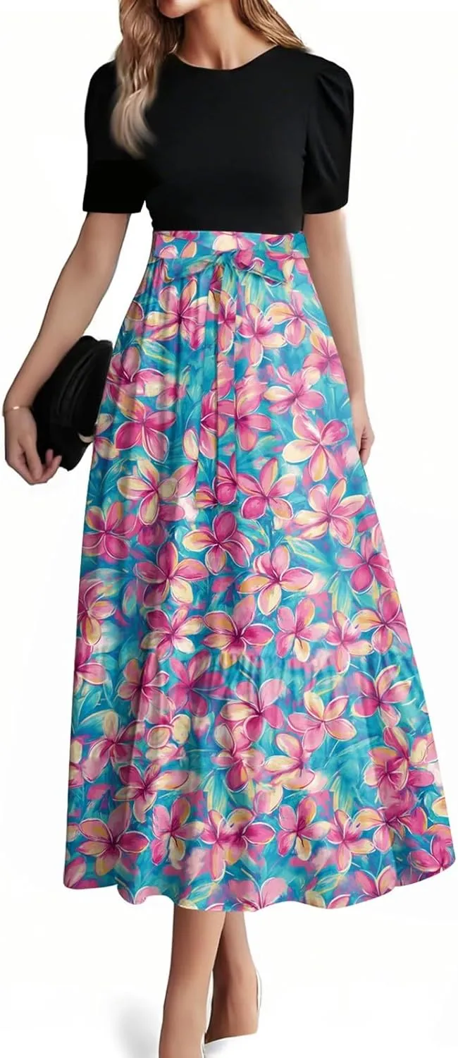 Women's Fashion Casual Belt Short Sleeve Round Neck Stitching Elegant Temperament Vacation Corset Long Dresses