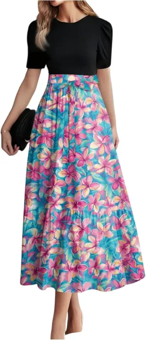 Women's Fashion Casual Belt Short Sleeve Round Neck Stitching Elegant Temperament Vacation Corset Long Dresses