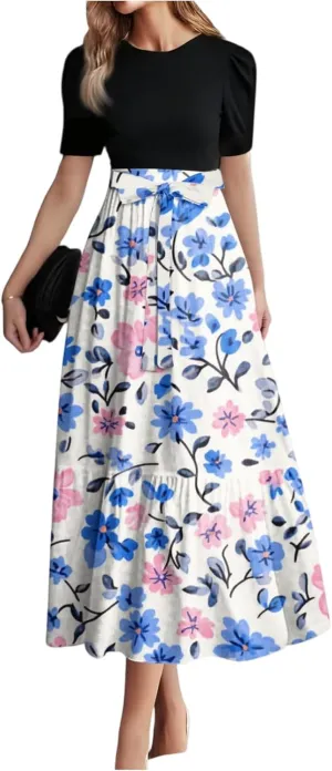 Women's Fashion Casual Belt Short Sleeve Round Neck Stitching Elegant Temperament Vacation Corset Long Dresses