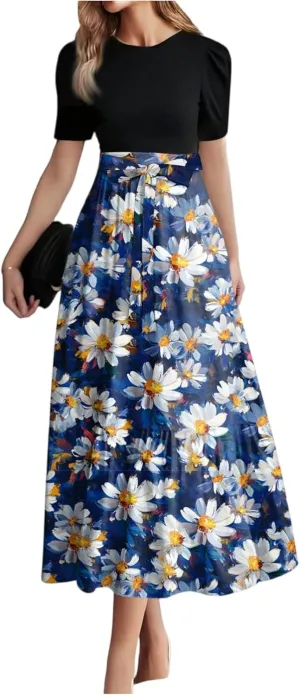 Women's Fashion Casual Belt Short Sleeve Round Neck Stitching Elegant Temperament Vacation Corset Long Dresses