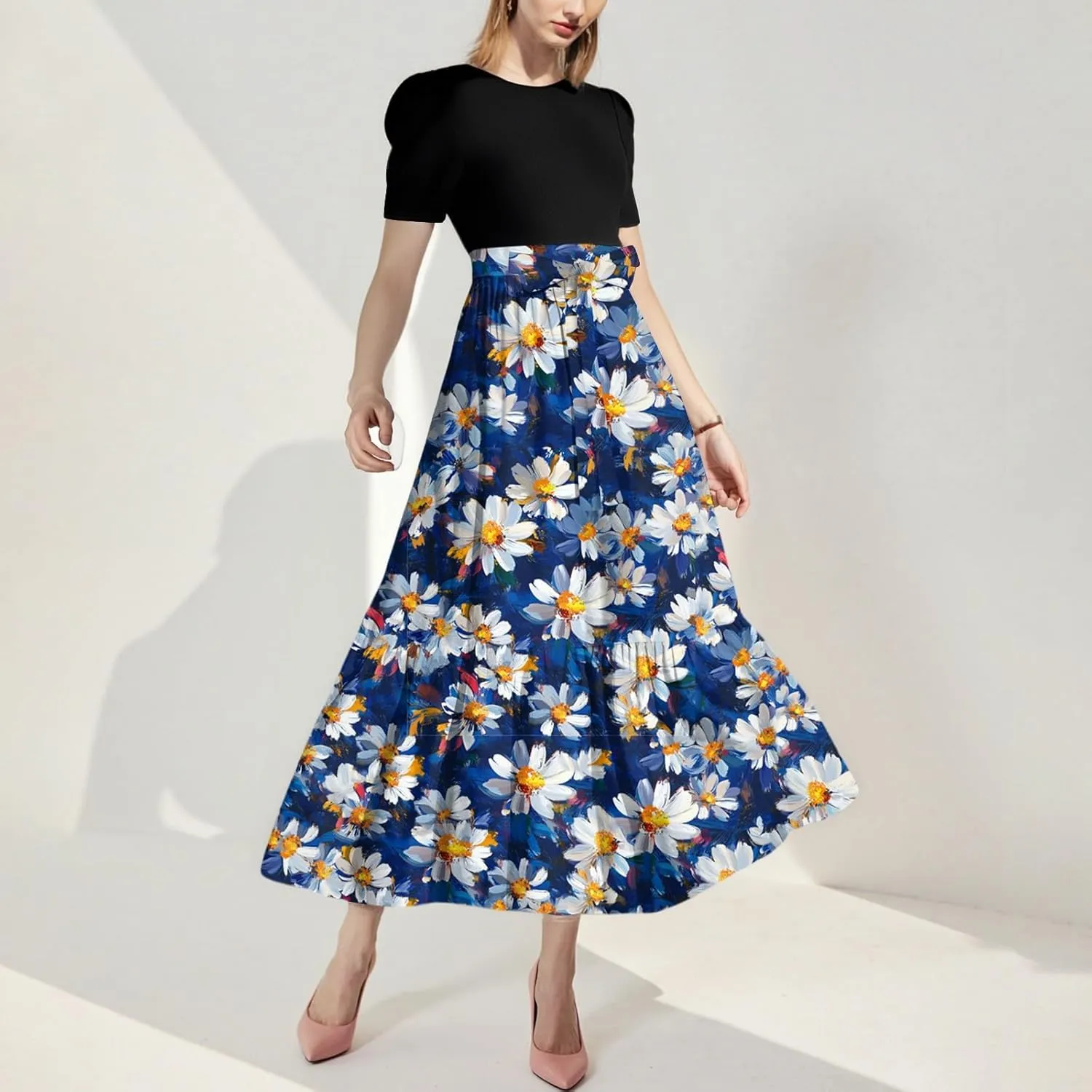 Women's Fashion Casual Belt Short Sleeve Round Neck Stitching Elegant Temperament Vacation Corset Long Dresses