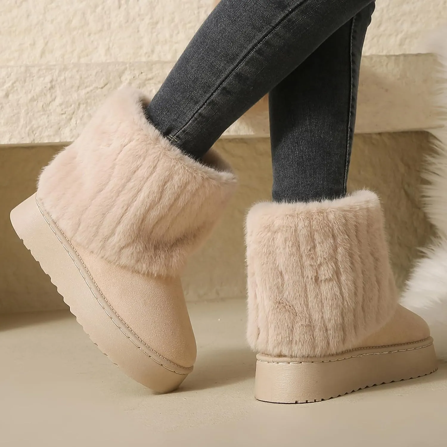 Women's Faux Fur Mid Calf Snow Boots - Round Toe Suede Warm Fur Lined Platform Flat Comfort Outdoor Winter Fashion Boots