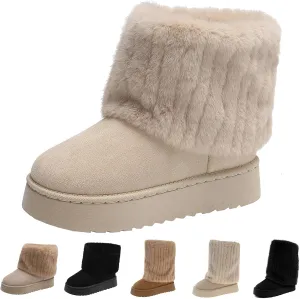 Women's Faux Fur Mid Calf Snow Boots - Round Toe Suede Warm Fur Lined Platform Flat Comfort Outdoor Winter Fashion Boots