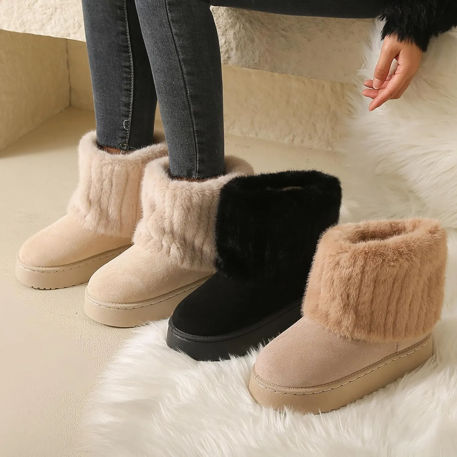 Women's Faux Fur Mid Calf Snow Boots - Round Toe Suede Warm Fur Lined Platform Flat Comfort Outdoor Winter Fashion Boots