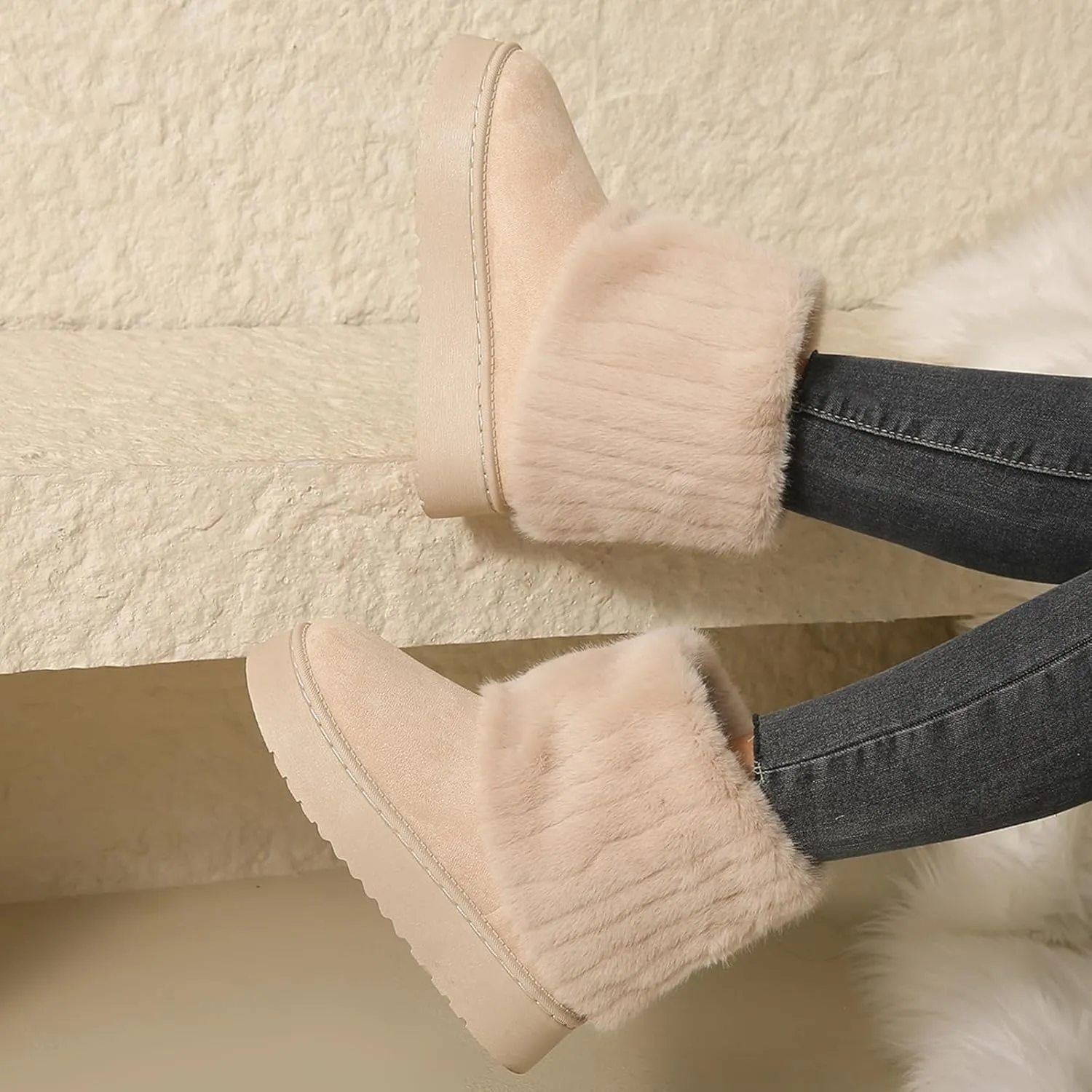 Women's Faux Fur Mid Calf Snow Boots - Round Toe Suede Warm Fur Lined Platform Flat Comfort Outdoor Winter Fashion Boots