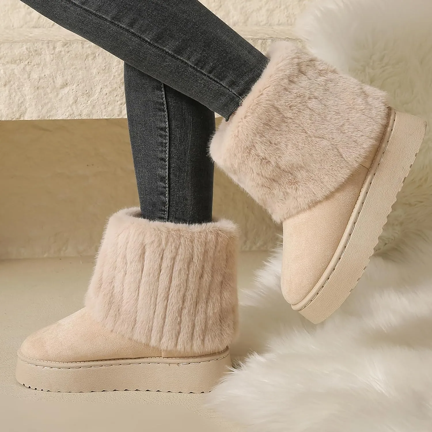 Women's Faux Fur Mid Calf Snow Boots - Round Toe Suede Warm Fur Lined Platform Flat Comfort Outdoor Winter Fashion Boots