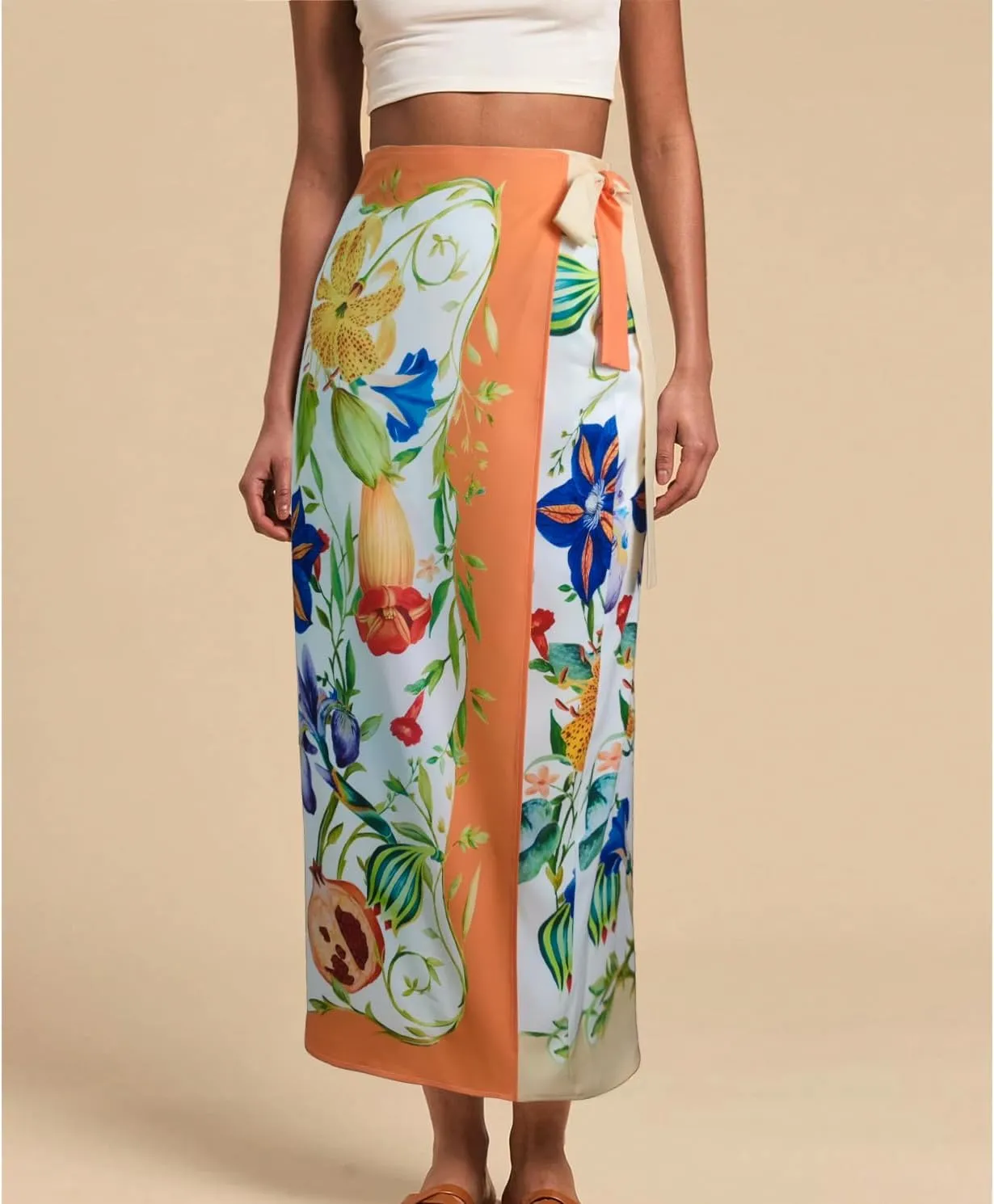 Womens Floral Wrap Midi Skirt Summer Adjustable Tie Side Casual High Waist A Line Beach Boho Long Flared Skirts