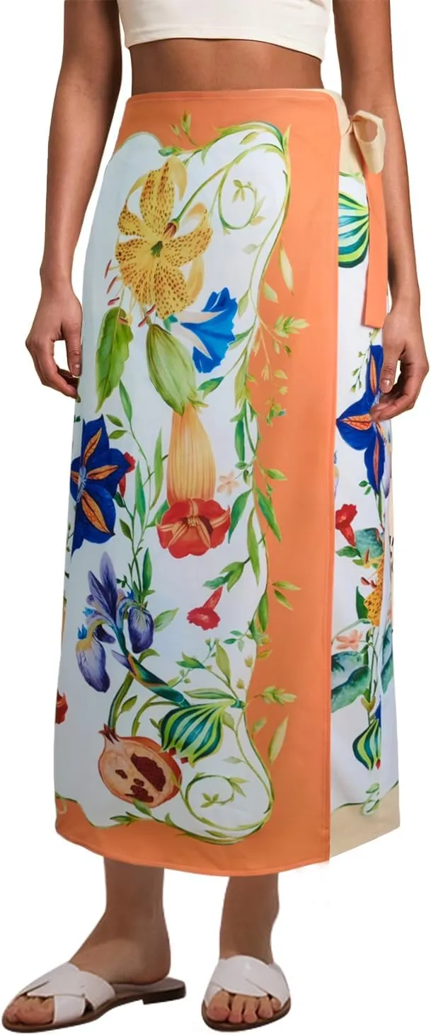 Womens Floral Wrap Midi Skirt Summer Adjustable Tie Side Casual High Waist A Line Beach Boho Long Flared Skirts