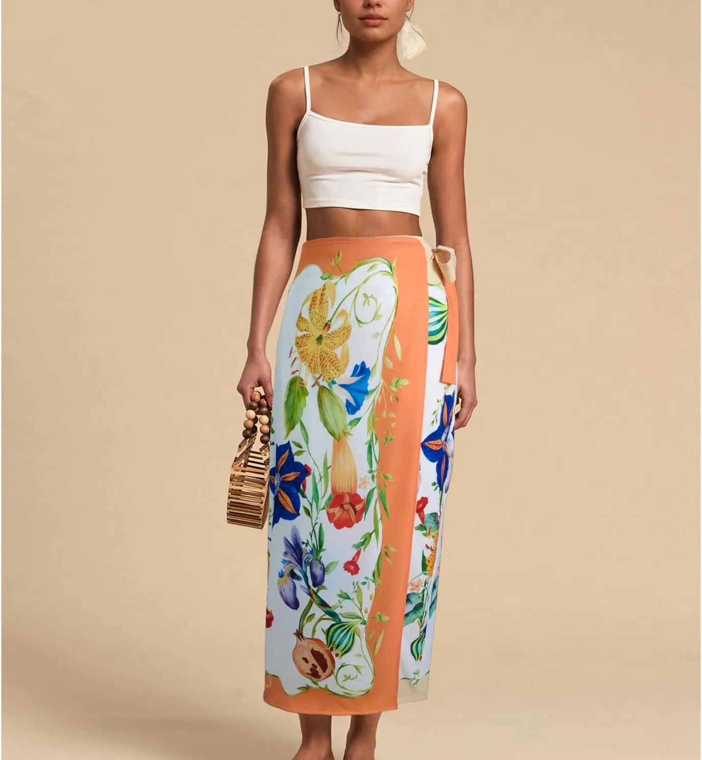 Womens Floral Wrap Midi Skirt Summer Adjustable Tie Side Casual High Waist A Line Beach Boho Long Flared Skirts