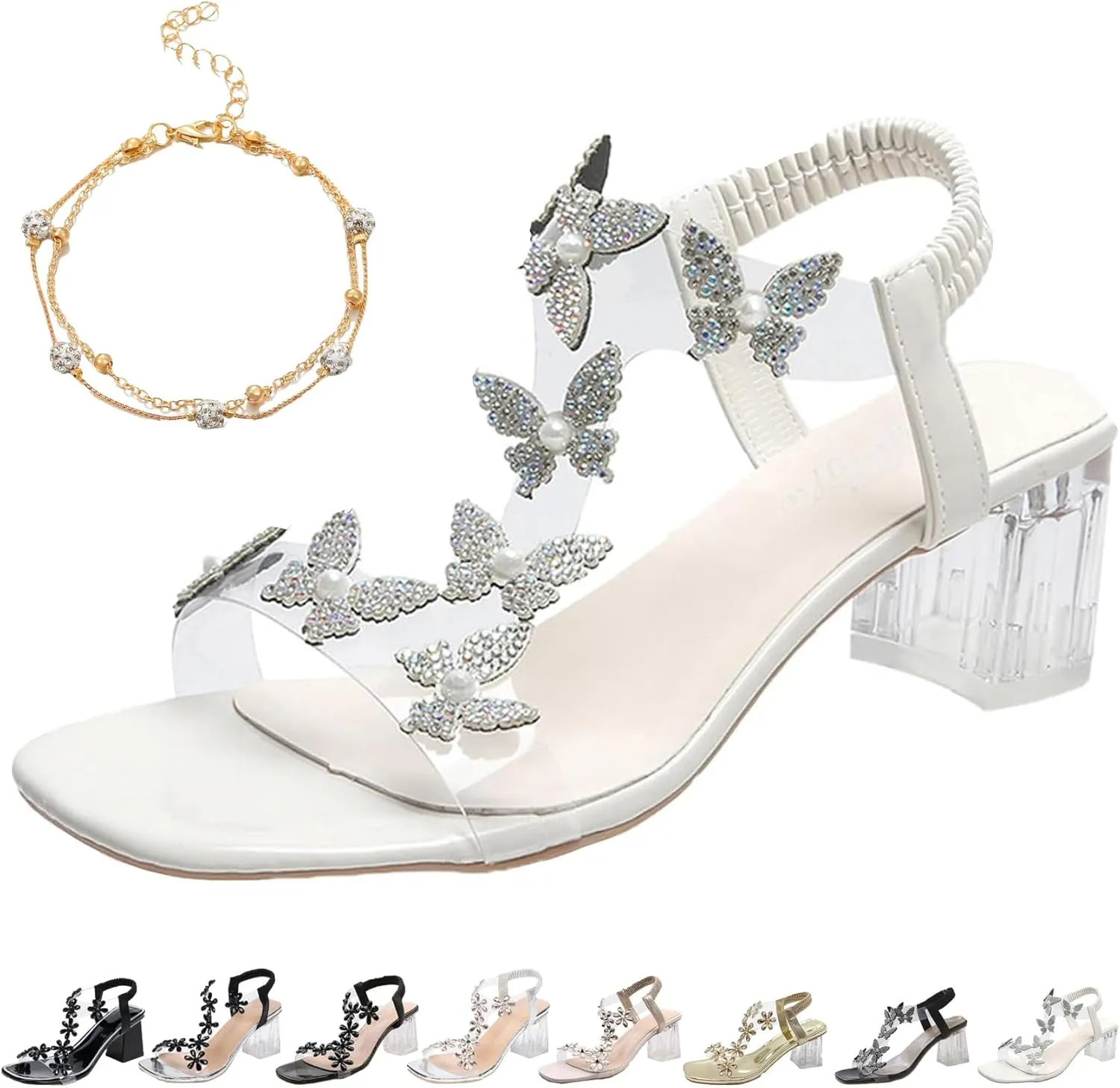 Women's Flower Rhinestone Block Heel Sandals, Clear Block Heel Sandals, Rhinestone Decor Chunky Heeled Slingback Sandals
