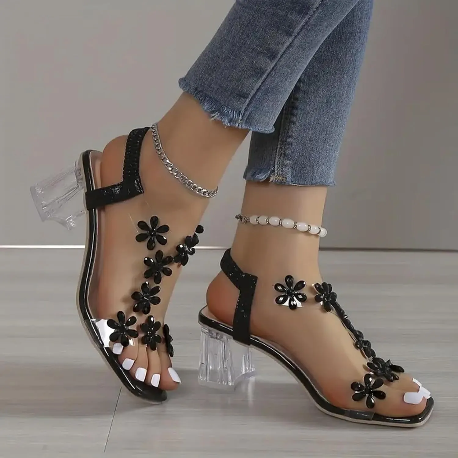 Women's Flower Rhinestone Block Heel Sandals, Clear Block Heel Sandals, Rhinestone Decor Chunky Heeled Slingback Sandals