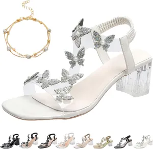 Women's Flower Rhinestone Block Heel Sandals, Clear Block Heel Sandals, Rhinestone Decor Chunky Heeled Slingback Sandals