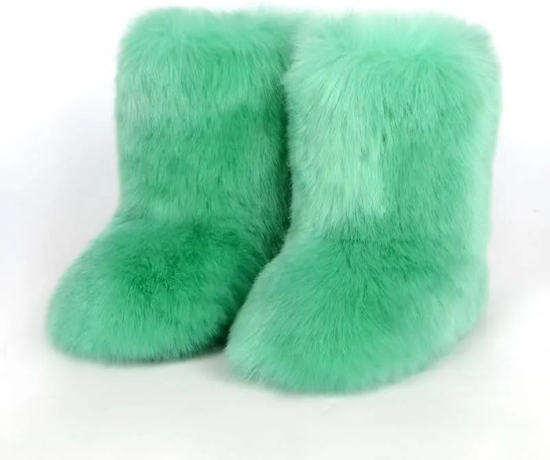 Women's Fluffy Furry Snow Boots Faux Fur Mid-Calf Flat Booties