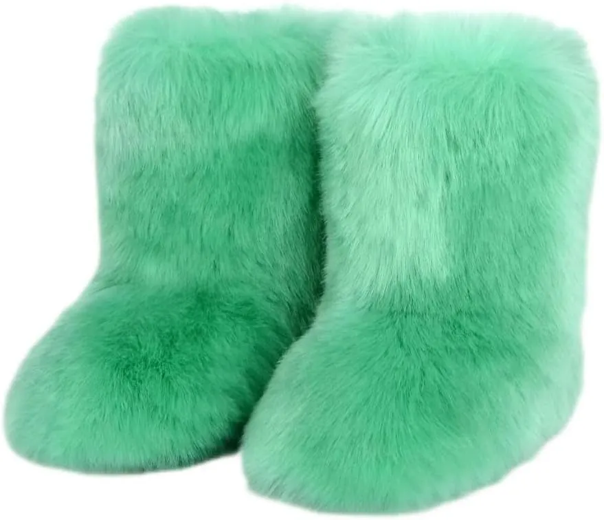 Women's Fluffy Furry Snow Boots Faux Fur Mid-Calf Flat Booties