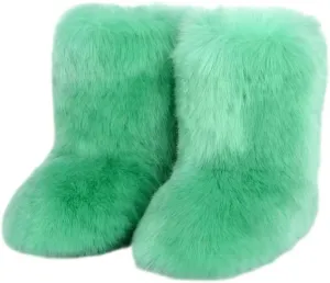 Women's Fluffy Furry Snow Boots Faux Fur Mid-Calf Flat Booties