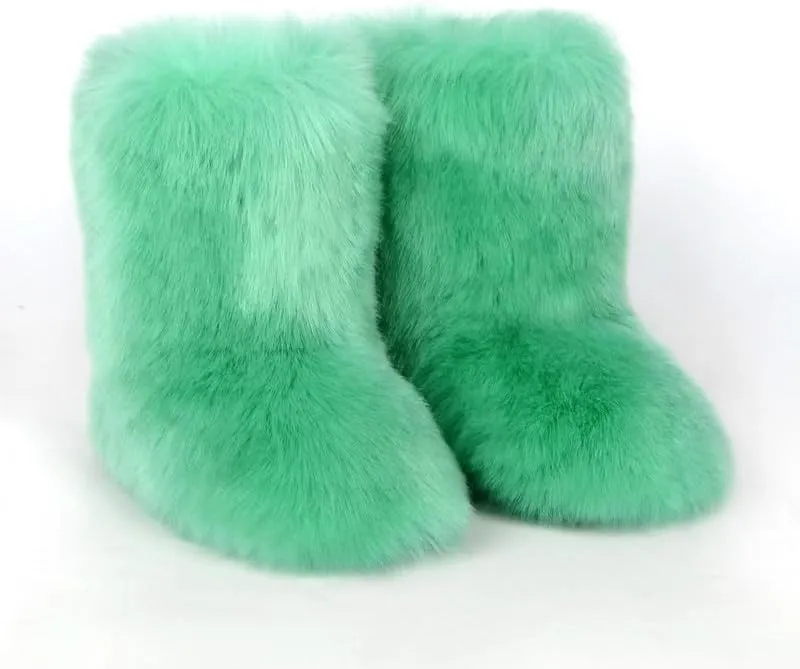 Women's Fluffy Furry Snow Boots Faux Fur Mid-Calf Flat Booties