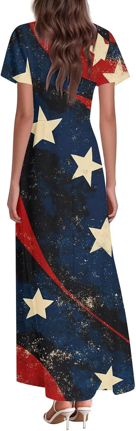 Womens Flutter Sleeves Elegant Long Dress V Neck Flag Prints Fourth of July High Waist Summer Curise Formal Dress
