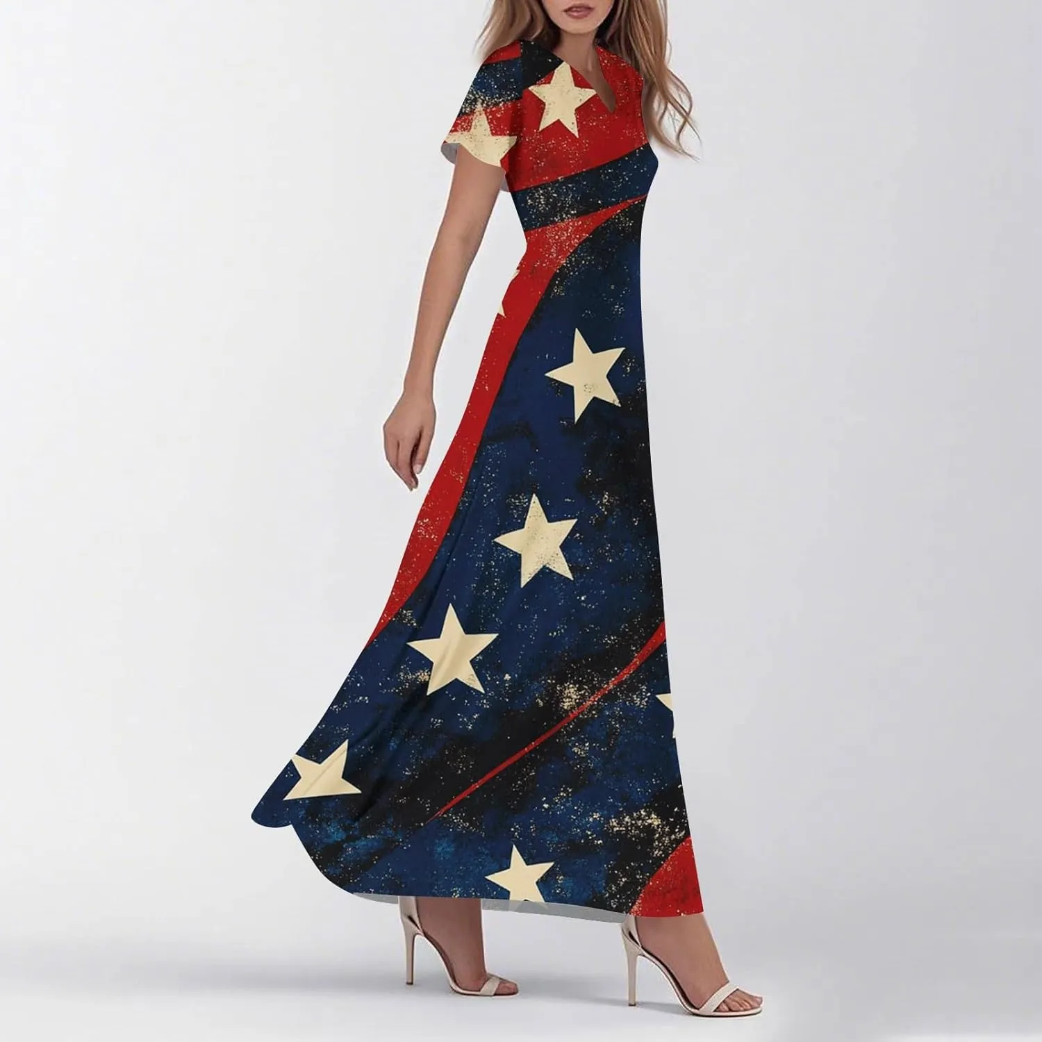 Womens Flutter Sleeves Elegant Long Dress V Neck Flag Prints Fourth of July High Waist Summer Curise Formal Dress