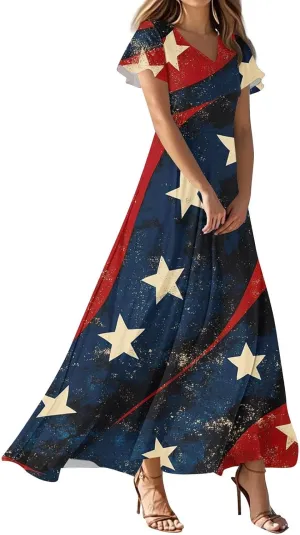 Womens Flutter Sleeves Elegant Long Dress V Neck Flag Prints Fourth of July High Waist Summer Curise Formal Dress