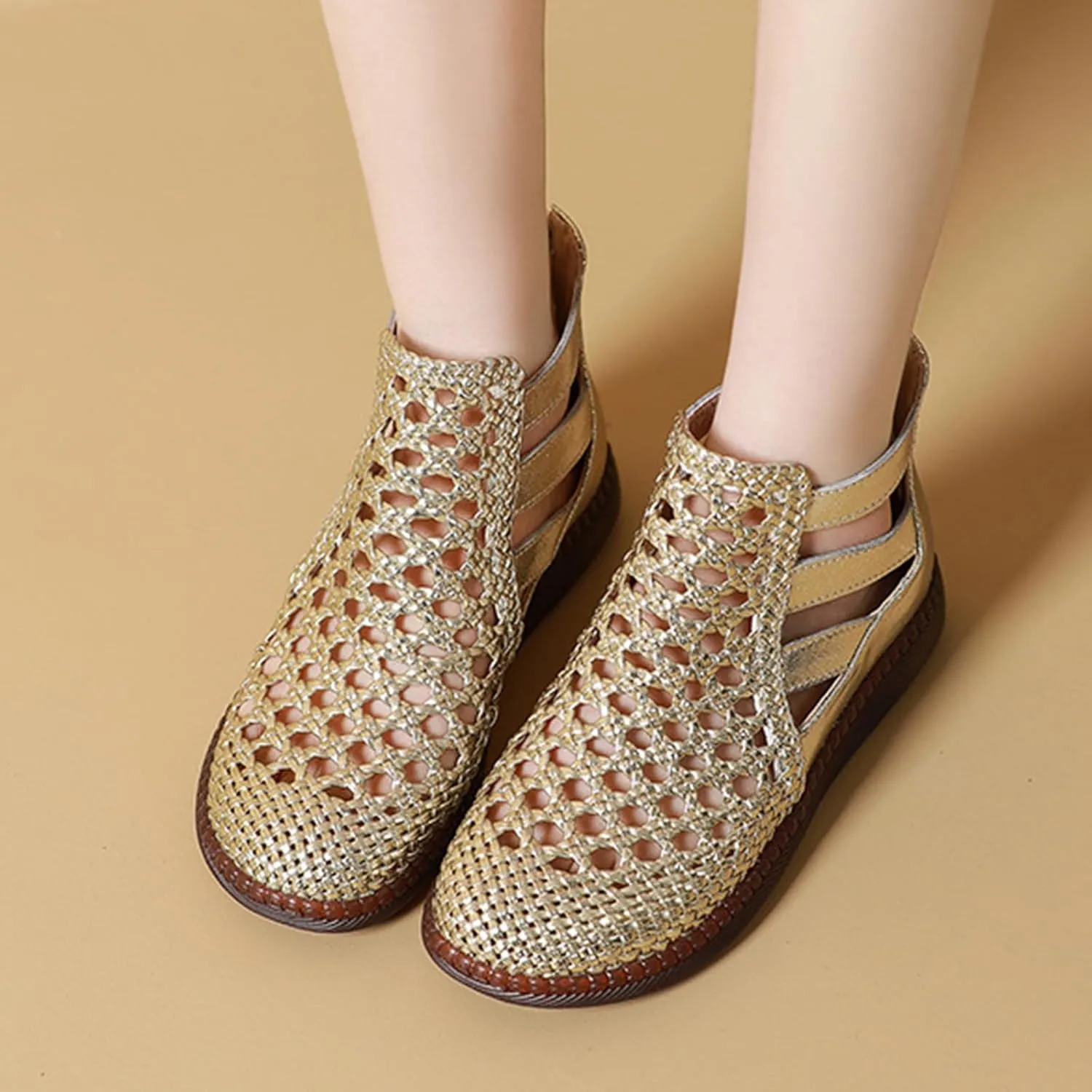 Women's Genuine Leather Braided Cutout High Top Flat Sandals Retro Round Toe Back Zipper Beef Tendon Sole Hollow Ankle Boots Comfortable Breathable Casual Sandals