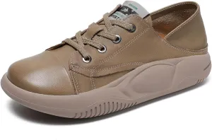 Women's Genuine Leather Lace-up Lightweight Flat Loafers,Retro Handmade Round Toe Casual Soft Sole Walking Shoes,Comfortable Non-Slip Driving Working Shoes