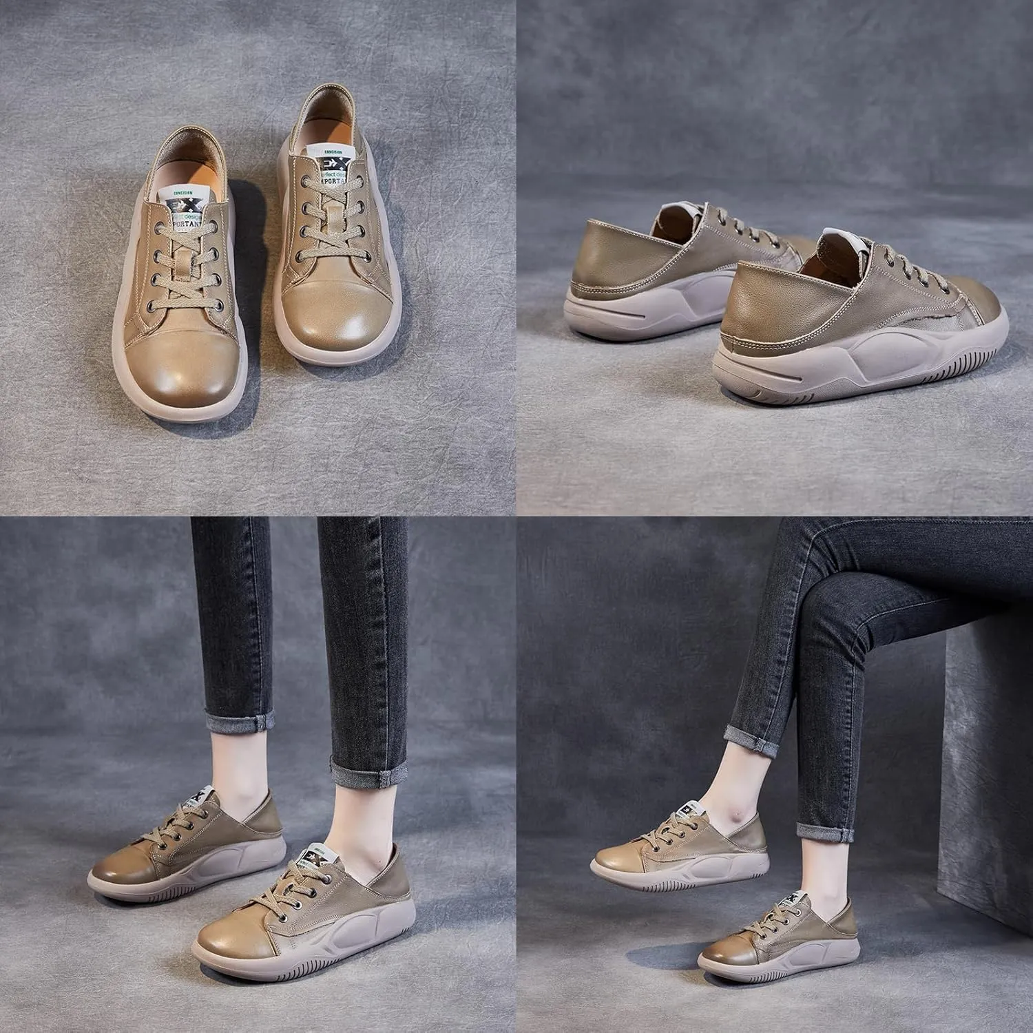 Women's Genuine Leather Lace-up Lightweight Flat Loafers,Retro Handmade Round Toe Casual Soft Sole Walking Shoes,Comfortable Non-Slip Driving Working Shoes