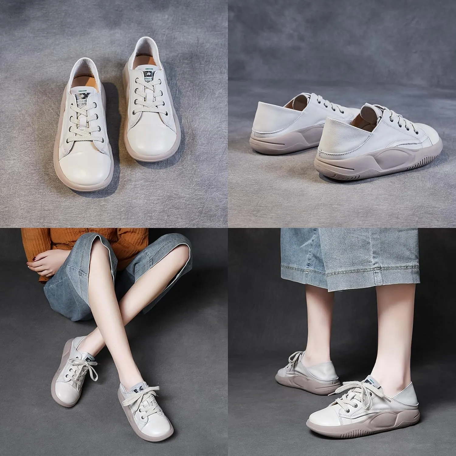 Women's Genuine Leather Lace-up Lightweight Flat Loafers,Retro Handmade Round Toe Casual Soft Sole Walking Shoes,Comfortable Non-Slip Driving Working Shoes