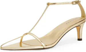 Womens Gold Sandals Strappy Heels Low Kitten Heels with T-Strap, Open Pointed Toe, and Adjustable Ankle Strap Wide Width Heel for Women, Size 6