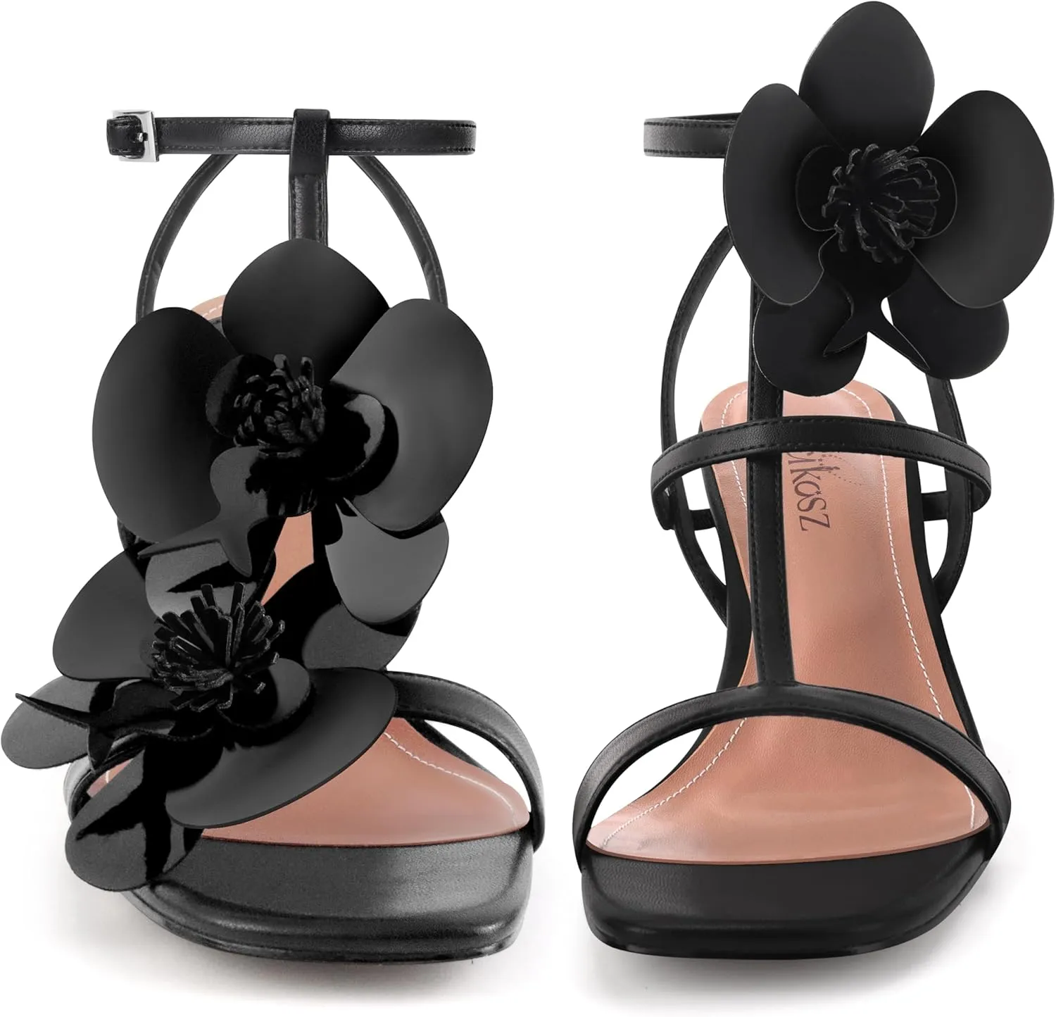 Women's Heel Sandals Flower Ankle Strap Square Open Toe Strappy Orchid Heels Dressy Sexy Wedding Shoes