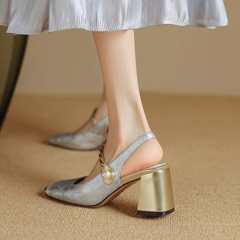 Women's Heeled Sandals Chinese Style Retro Square Toe Chunky Heel Genuine Leather Pumps