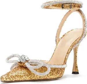 Women's Heeled Sandals Pointed Toe Crystal Heart Glitter Pumps Rhinestones Embellished Ankle Strap Slip-On Stilettos Wedding Party Dress Shoes