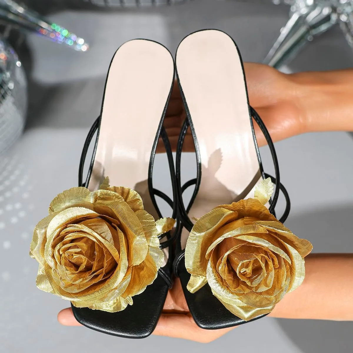 Women's High Heel Sandals with Gold Rose Accent – Elegant Evening Dress Shoes – Luxury Two-Strap Party Heels for Women