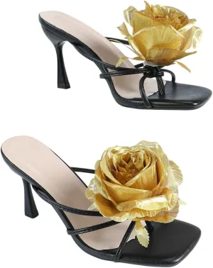 Women's High Heel Sandals with Gold Rose Accent – Elegant Evening Dress Shoes – Luxury Two-Strap Party Heels for Women