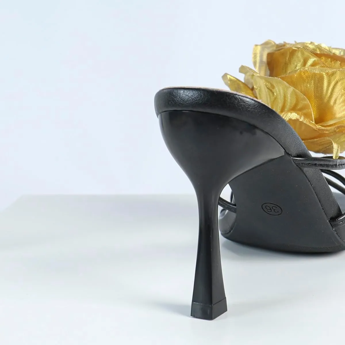 Women's High Heel Sandals with Gold Rose Accent – Elegant Evening Dress Shoes – Luxury Two-Strap Party Heels for Women
