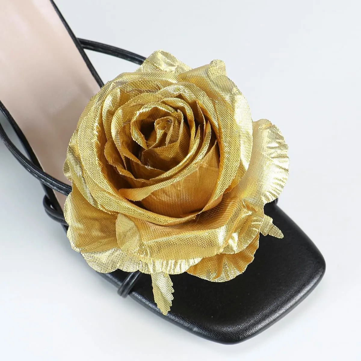 Women's High Heel Sandals with Gold Rose Accent – Elegant Evening Dress Shoes – Luxury Two-Strap Party Heels for Women