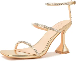 Women's Kitten Heel Rhinestone Sandals Lace Up Slingback Square Open Toe Heels Sparkling Sandals with Stiletto Buckle Strap for Dress Party Prom Wedding High Heeled Shoes Gold 11
