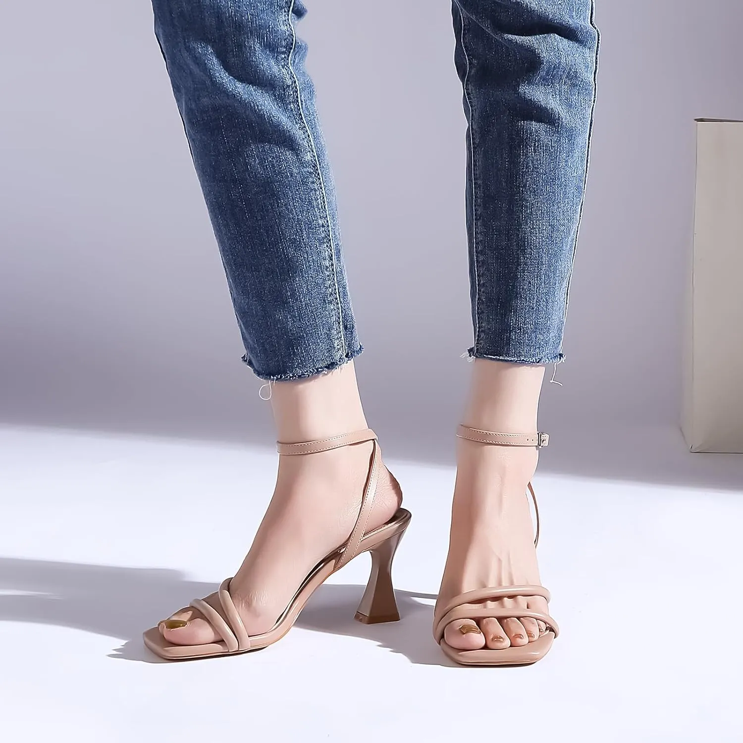 Women's Kitten Strappy High heels Square Open Toe Ankle Strap Heeled Sandals