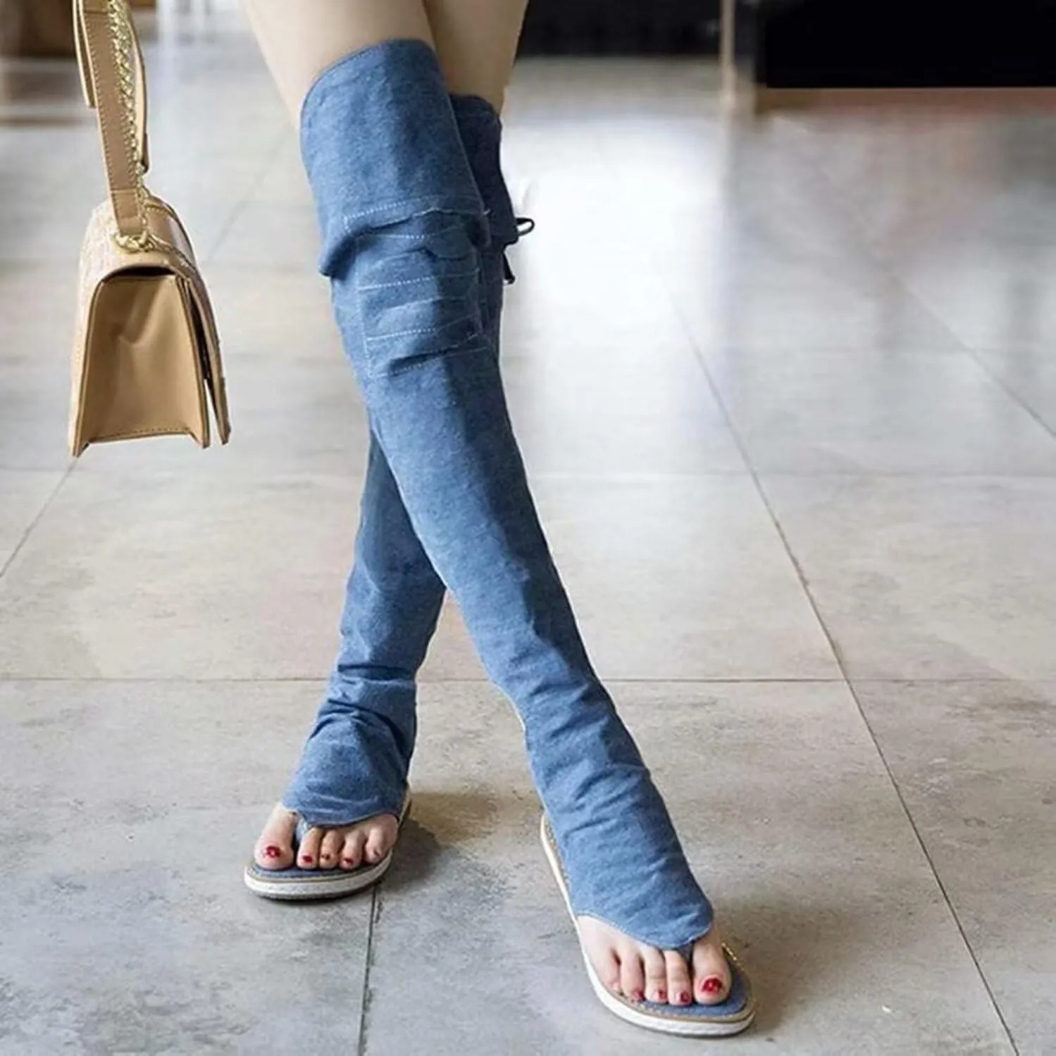 Women's Knee High Gladiator Sandals Denim Flat Sandals Roman Shoes Open Toe Strappy Boots Thong Sandals