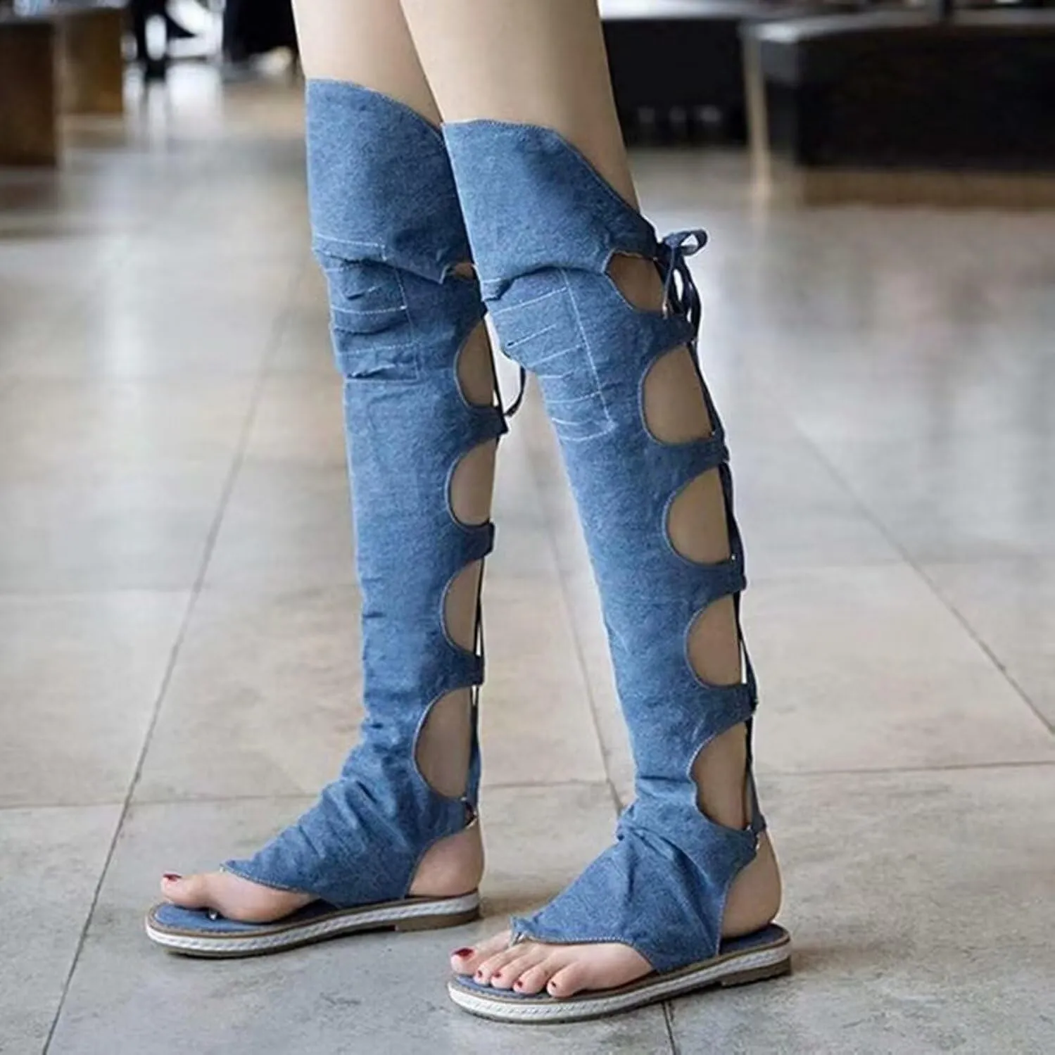 Women's Knee High Gladiator Sandals Denim Flat Sandals Roman Shoes Open Toe Strappy Boots Thong Sandals