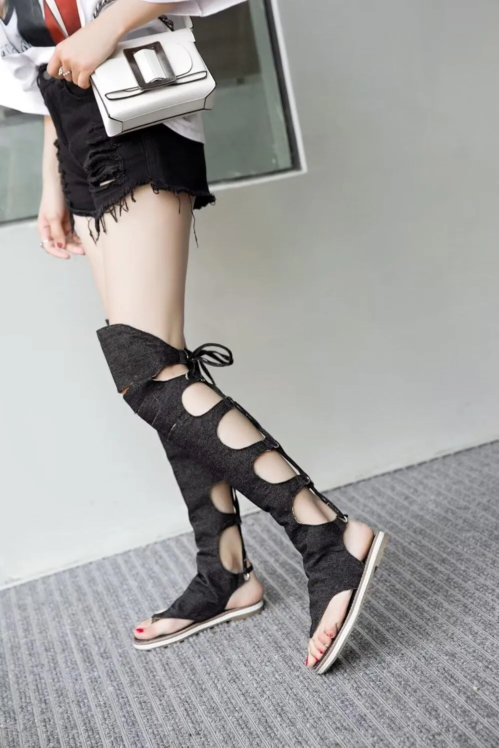 Women's Knee High Gladiator Sandals Denim Flat Sandals Roman Shoes Open Toe Strappy Boots Thong Sandals