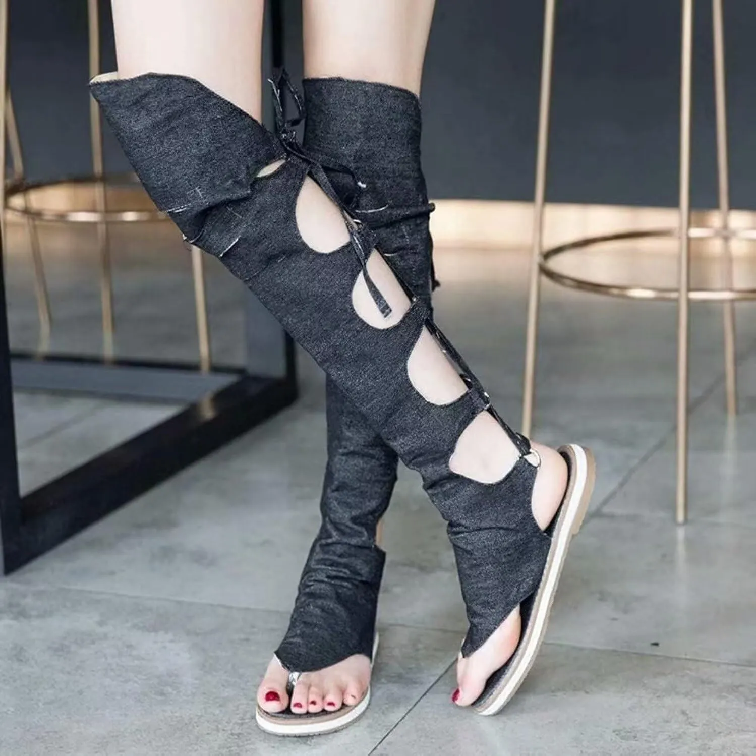 Women's Knee High Gladiator Sandals Denim Flat Sandals Roman Shoes Open Toe Strappy Boots Thong Sandals